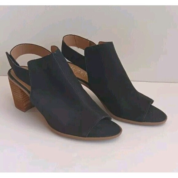 Franco Sarto Helix Size 7.5 Black Suede 2" Open Toe Square Heel Slingbacks - Picture 1 of 9